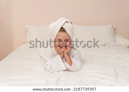 Elbows copyspace smile coffee bathrobe Creek bed girl portrait bathroom, concept woman dressing in skin for caucasian gown, towel background. Hair kid wellness,