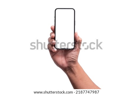 Hand holding Smartphone mockup frameless with screen isolated cell phone Template for infographics or presentation UI