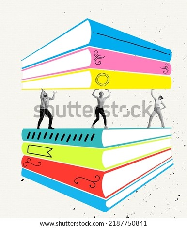 Creative image with young people holding pile books over light background. Concept of studying, reading, culture, art and education. Psychology of knowledge, broadening one's horizons, frames