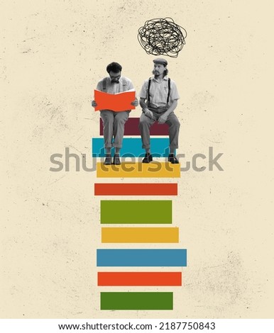 Creative image with men sitting on drawn pile books over light background. Contemporary artwork. Concept of studying, art and education. Psychology of knowledge, broadening one's horizons, frames