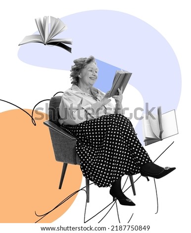 Hobbies. Happy middle age woman sitting and reading book over light background. Concept of studying, reading, culture, art and education. Psychology of knowledge, broadening one's horizons, frames