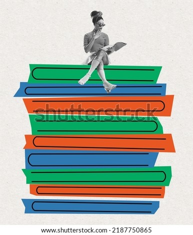 Magazine or book. Contemporary artwork with young woman sitting on drawn pile books over light background. Concept of studying, education. Psychology of knowledge, broadening one's horizons, frames