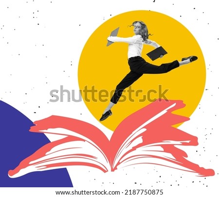 Creative image with jumping office worker over abstract background. Contemporary art. Concept of studying, reading, culture, education. Psychology of knowledge, broadening one's horizons, frames