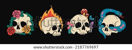 Hand drawn Skulls with roses or peonies, fire, mushrooms, snake. Trendy isolated colorful Vector illustration. Cartoon, vintage style. Poster, tattoo idea, t-shirt print, sticker, logo design template