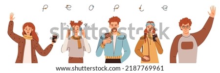 People with red hair. A group of young people in fashionable clothes. Guys and girls smile, listen to music, greet and drink coffee. Flat vector illumination Royalty-Free Stock Photo #2187769961