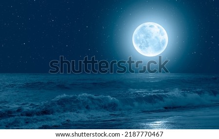 Night sky with blue moon over the  blue sea, many sytars in the background  "Elements of this image furnished by NASA