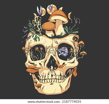 a skull overgrown with mushrooms and plants