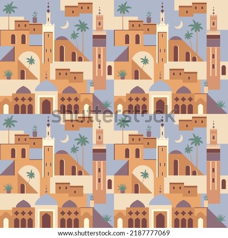 Abstract Middle Eastern town flat illustration. Seamless architecture pattern. Morocco inspired digital paper with mosque, tower, house, plants, palm trees. Set of flat buildings. Travel clip art