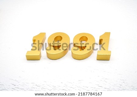  Number 1991 is made of gold painted teak, 1 cm thick, laid on a white painted aerated brick floor, visualized in 3D.                            