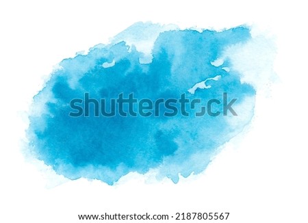 Abstract blue watercolor splash texture isolated on white background. Bright sky paint stain drops. Abstract illustration, banner, poster for text, decoration element