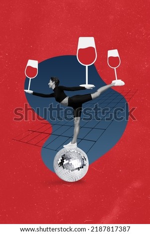 Magazine poster collage of fit lady deliver nightclub wineglass order on shine ball isolated red color background
