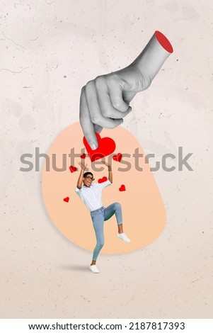 Poster collage of huge arm sharing gift paper heart to girlfriend lady celebrate 14 february isolated paint background