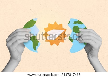 Photo artwork minimal picture of arms tearing planet two halves plane flying fast isolated drawing background