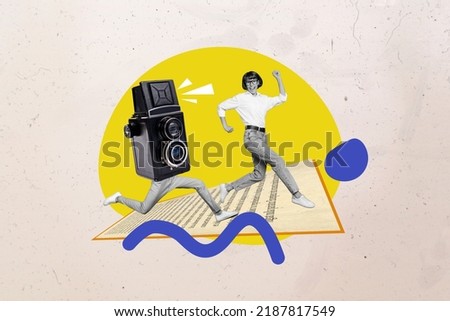 Banner collage of journalist with photo camera body run after pop star lady isolated on paint background Royalty-Free Stock Photo #2187817549