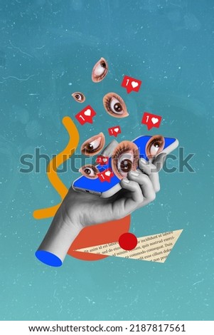 Vertical collage picture of human hand black white gamma hold telephone like notification eyes watch see isolated on drawing background
