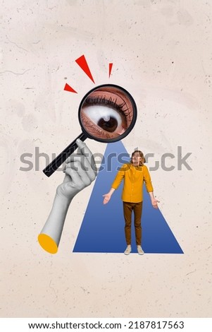 Pinup poster collage of huge eye looking through magnifier glass manipulate hesitant guy isolated paint background Royalty-Free Stock Photo #2187817563