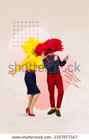 Vertical composite collage illustration of two overjoyed people dancing flowers instead head isolated on painted background