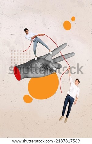 Magazine poster collage concept of helping each other fellows in difficult situation lady drag string with falling guy Royalty-Free Stock Photo #2187817569