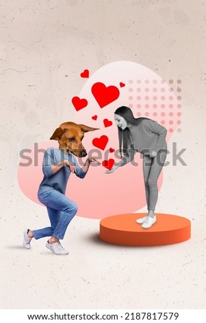 Concept of forever love story banner collage of guy with puppy face kneeling propose lady giving her heart