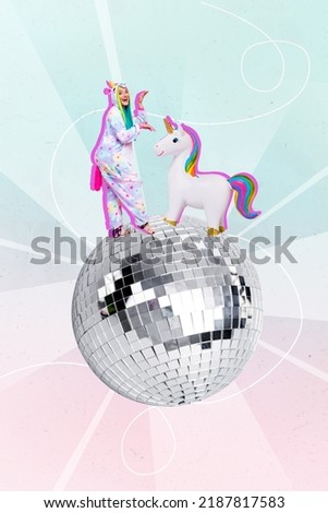 Creative artwork collage of excited cute lady in kigurumi nightwear daydreaming dancing huge disco ball with unicorn