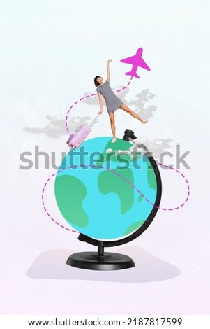 Template poster collage of happy woman tourist travel abroad around globe airplane flight isolated white color background