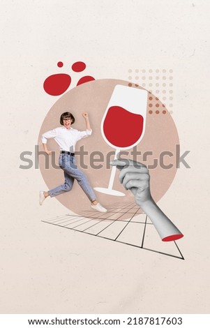 Vertical collage portrait of small delighted excited girl run huge arm black white colors hold drawing red wine glass