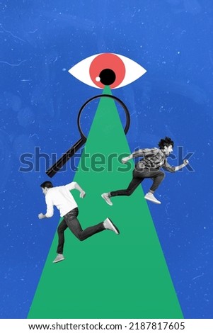 Retro zine poster of huge eye look through magnifier search two guys new virtual risk game isolated blue color background Royalty-Free Stock Photo #2187817605