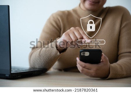Two factor multi privacy protection for password online account. Concept of mobile phone safety use more secure passcode lock to identify user to access connection. Royalty-Free Stock Photo #2187820361