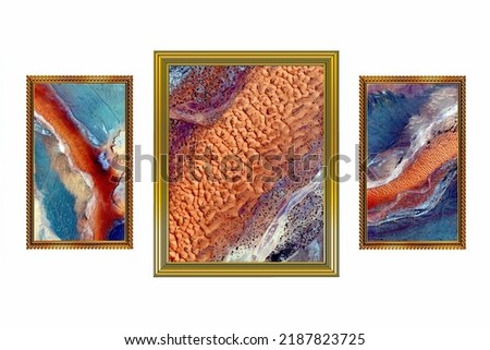 apocalypse,  triptych of  3 golden frames with abstract photos of the deserts of Africa from the air, on a white background, 