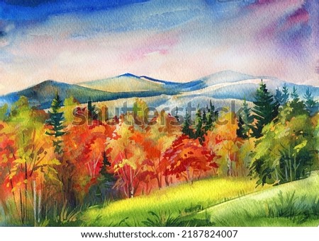 Landscape, Autumn Mountains Forests and Sky. Watercolor autumn trees of yellow, red, orange color