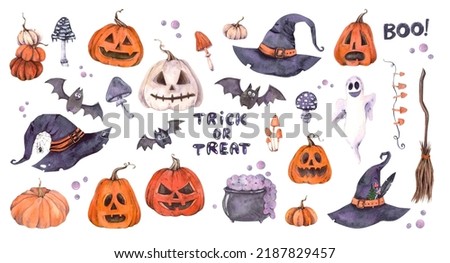watercolor halloween set of isolated hats, bats and pumpkins on the white background 