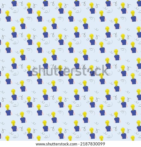Surrealism vector design. Seamless abstract pattern. Blue background. Silhouette of a person with a light bulb head. Wallpaper and textile design. Light up the world.