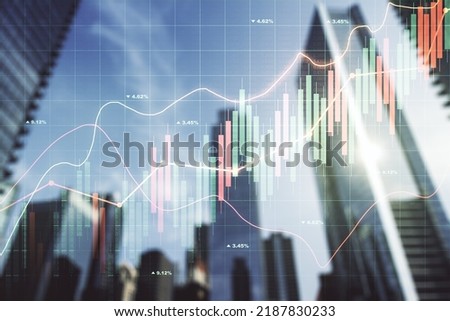 Multi exposure of abstract financial diagram on office buildings background, banking and accounting concept