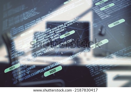 Multi exposure of abstract software development hologram and modern desktop with laptop on background, research and analytics concept