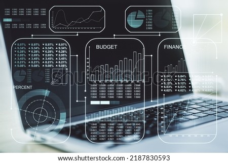Abstract creative analytics data spreadsheet on modern computer background, analytics and analysis concept. Multiexposure