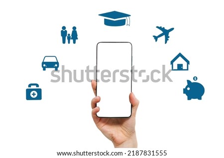 A woman's hand is holding a smartphone. Mock up, copy space. White background with icons of car, family, airplane, house, piggy bank and first aid kit. Insurance concept and apps.