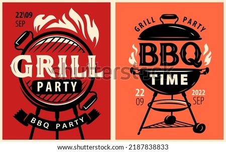 BBQ cookout flyer or poster template design set. BBQ time. Grill party. Food concept, retro vector illustration Royalty-Free Stock Photo #2187838833
