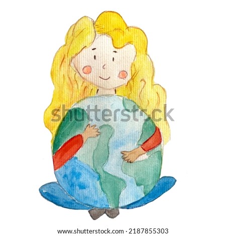 girl holding earth illustration drawing .green concept. Earth day. Enviroment