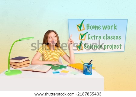 Photo cartoon comics sketch picture of small kid child sitting desktop pointing achieved aims isolated drawing background