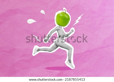 Composite collage illustration of running small girl black white effect green apple instead head isolated on creative pink background