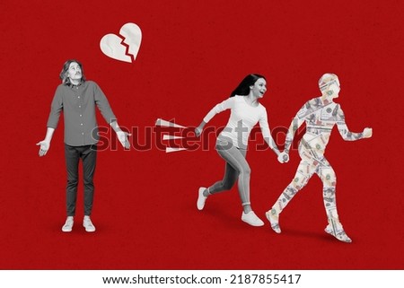 Collage image picture of tree person crisis conflict romantic relationship pair split up isolated on painting red color background