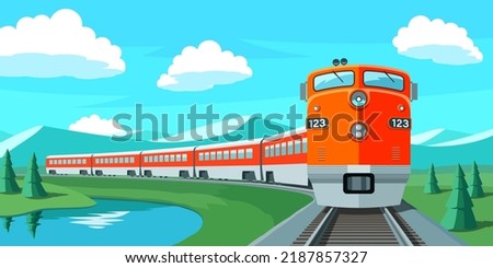 Passenger train rides along the scenic route. Vector illustration Royalty-Free Stock Photo #2187857327