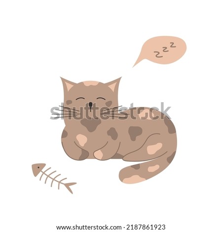 Hand drawn sleeping cat. Funny cartoon lazy kitten. fish skeleton vector illustration.