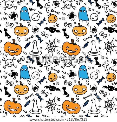 pattern seamless halloween pumpkin black cat bat print bright color. Vector Illustration