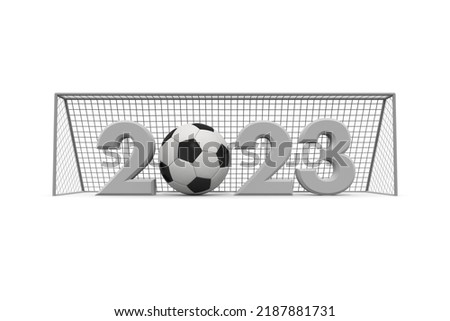 goal post and soccer ball. 2023 characters. Letters made in three dimensions. Gothic lettering. 3D rendering