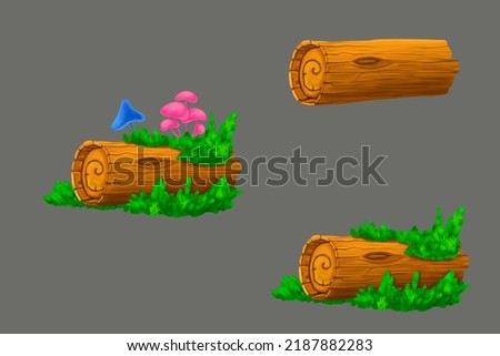 Painted log. Game theme. Decoration element. Log with greenery. Wood. Texture. A set of logs. Forest element. Mushrooms. Grass. Fiction.