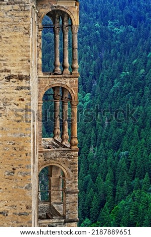 Balconies of the historical Sumela Monastery in Trabzon, Turkey Royalty-Free Stock Photo #2187889651