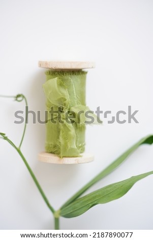 Close-up, decoration composition for the holiday. Tender green silk ribbon on a wooden roll with a fresh branch on a white background