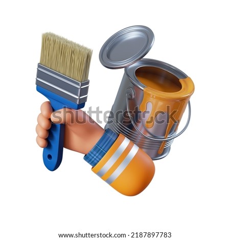 3d render, cartoon human hand holds paint brush and can. Professional painter with equipment. Construction icon. Renovation service clip art isolated on white background