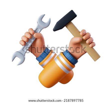 3d render, cartoon human hands hold hammer and spanner wrench. Professional carpenter or woodworker with building tool. Construction icon. Renovation service clip art isolated on white background
